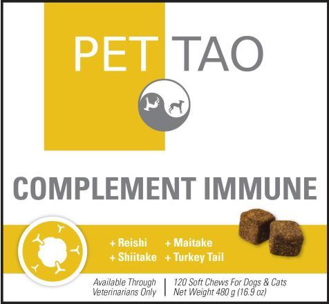 PET TAO Complement Immune Powerful immune-boosting mushroom blend Supplies Maitake, Reishi, Shiitake, and Turkey Tail mushrooms Supports and balances the immune system Promotes overall health and