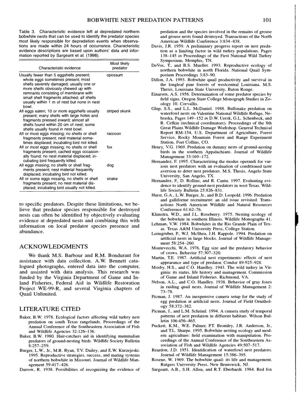 National Quail Symposium Proceedings, Vol. 4 [2000], Art. 22 BOBWHTE NEST PREDATON PATTERNS 101 Table 3.