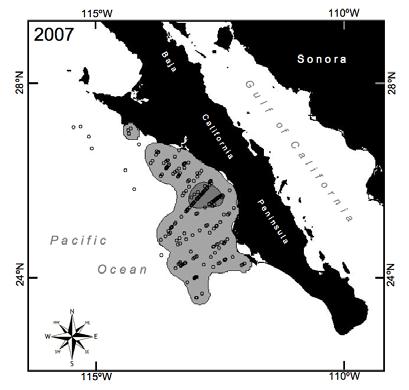 Figure 5. Kernel density estimates for sightings of loggerhead turtles along the Pacific coast of the Baja peninsula between 2005 and 2007.