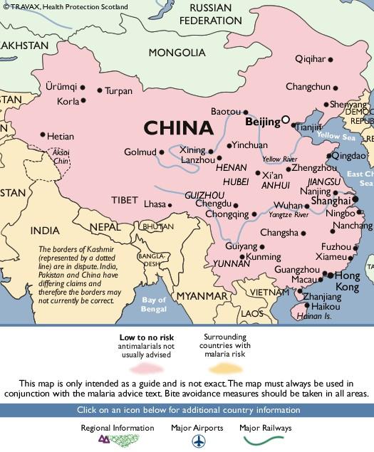 China There is an all year risk in Yunnan Province, Hainan Island, in Anhui, Ghuizhou, Henen, Hubei and Jiangsu Provinces.