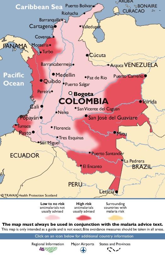 Colombia All year in most of the country. Visitors to areas over 1600m and the cities of Bogota and Cartagena only, accept. Malaria is present throughout the year.