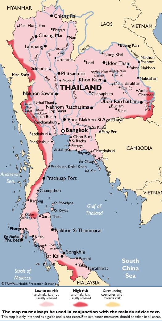 Thailand All year in areas along the Cambodian, Laos and Myanmar borders Refer to map. There is also risk in inland areas of Surat Thani province.