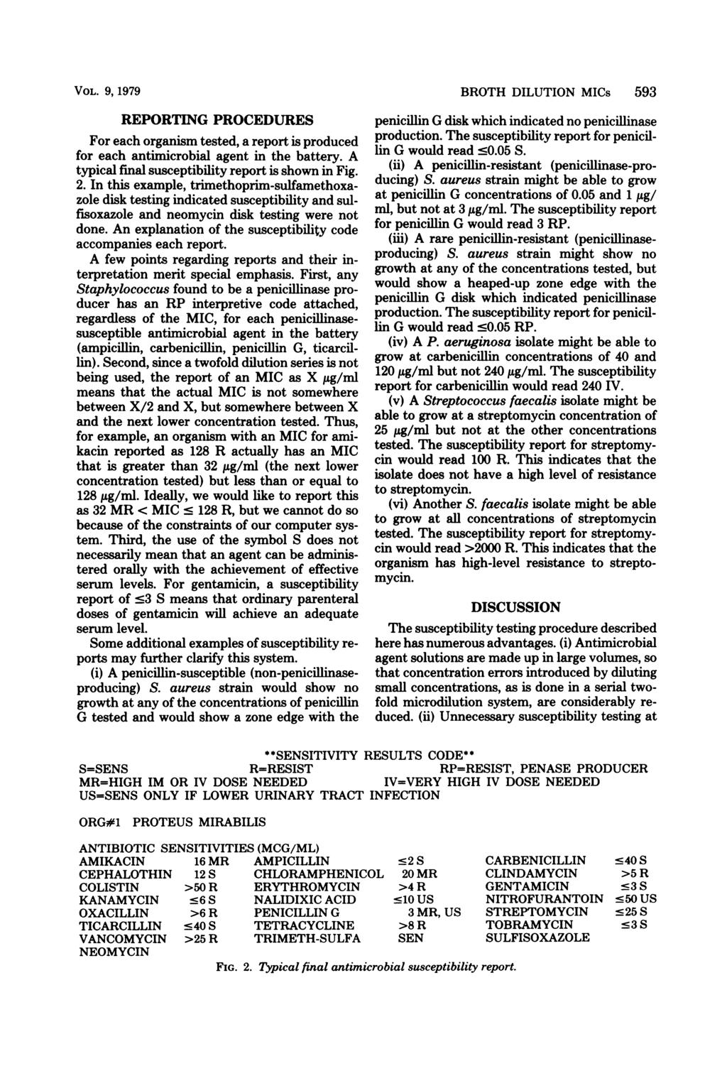 VOL. 9, 1979 EPOTING POCEDUES For each organism tested, a report is produced for each antimicrobial agent in the battery. A typical final susceptibility report is shown in Fig. 2.