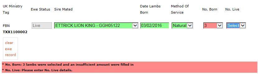Tip: If you are going to enter a lot of lambs with the same service date then you can speed up the process of entering dates by copying the date from the Service Date box and pasting it into the