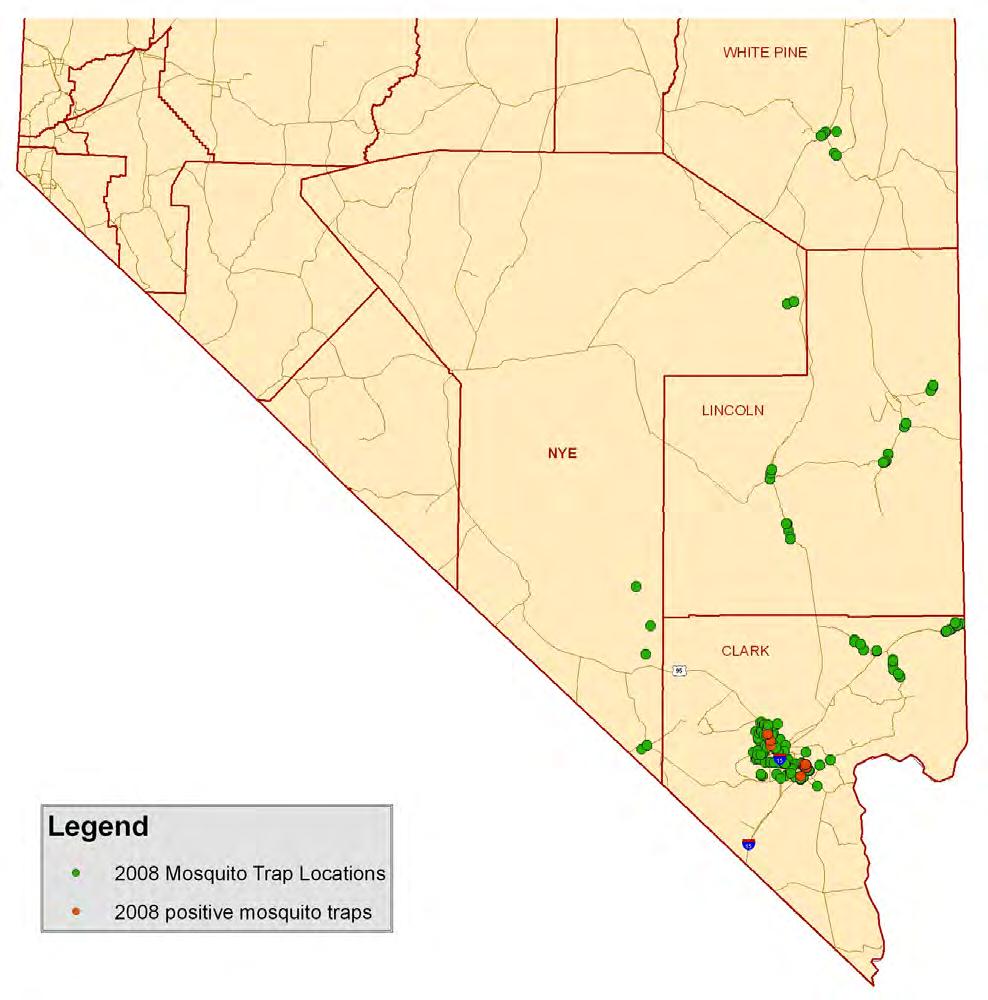Map 1: Mosquito Trapping Activity in Southern Nevada Clark County (Population 1,836,333) In 2008, staff set 248 traps in rural and urban Clark County.