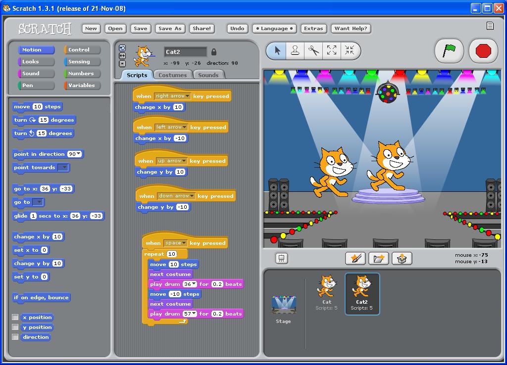 Cat2 is a exact copy of Cat. This means that he has all the same Scripts, so when you press spacebar- you will see both Cats dance together! You can duplicate Sprites as many times as you want.