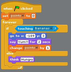 You should see that the points increase each time the Monkey touches the Bananas! Well done you have created the basis for your first computer game! Save this as Monkey Game.