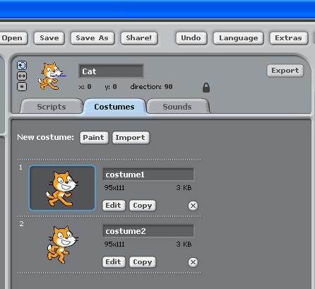 To find out how many Costumes our Cat has, click the Costumes tab as shown: You should now see that this Cat has 2