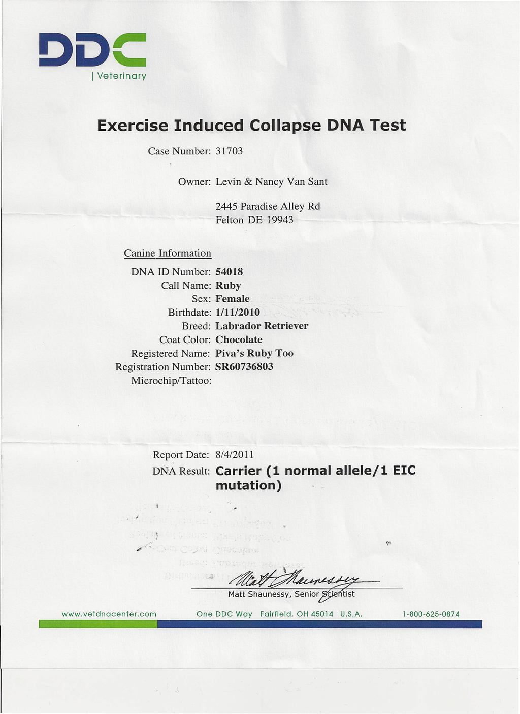 DOC I Veterinary Exercise Induced Collapse DNA Test Case Number: 31703 Owner: Levin & Nancy Van Sant 2445 Paradise Alley Rd Feiton DE 19943 Canine Information DNA ID Number: 54018 Call Name: Ruby
