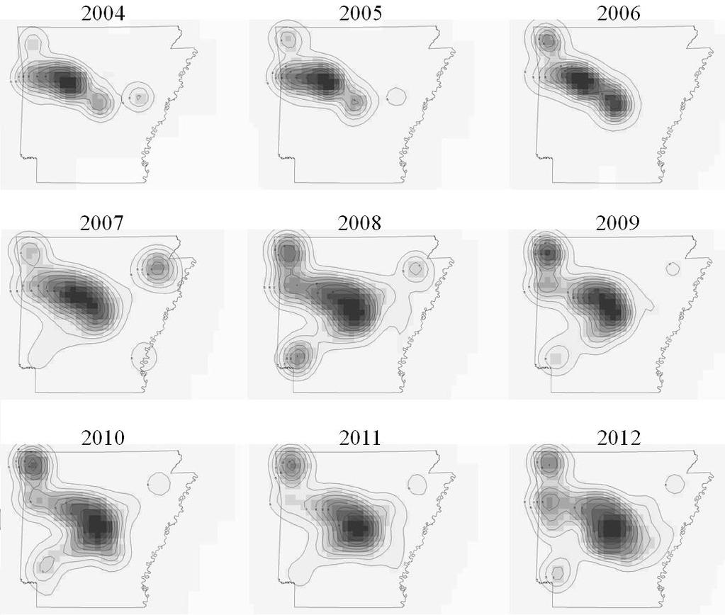 2004 2005 2006 2007 2008 2009 2010 2011 2012 Figure 1. Volume contour maps of temperate-nesting Canada goose encounters in Arkansas from 2004-2012 from ebird and the U.S.