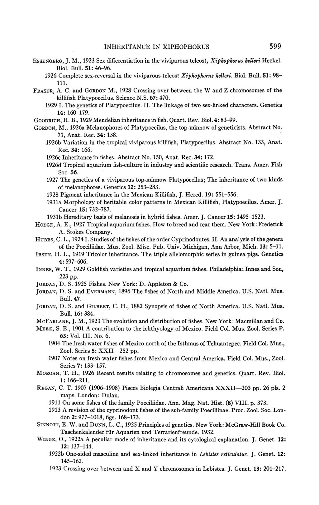 INHERITANCE IN XIPBOPHORUS 599 ESSENGERG, J. M., 1923 Sex differentiation in the viviparous teleost, Xiphophorus helleri Heckel. Biol. Bull. 51: 46-96.