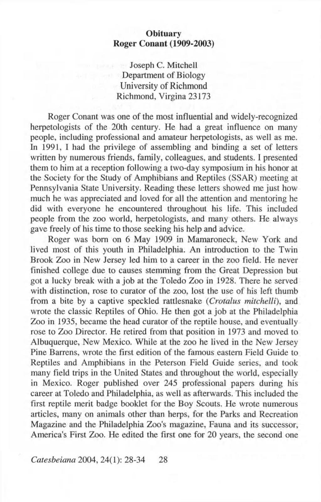 Obituary Roger Conant (1909-2003) Joseph C.