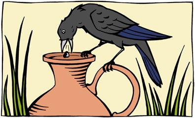 He noticed a clay pitcher partially filled with water and hurried toward it to quench his thirst. The pitcher s neck was too long for the crow s short beak, though, and he could not reach the water.