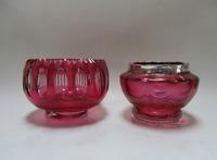 186 Webb dark cranberry glass flower form with clear glass rigaree. 335 Joan F.