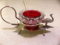 136 39 11:32 PM ET 124.149.58.180 Cranberry/Ruby with clear glass double rigaree in an epns holder marked E. Stott.