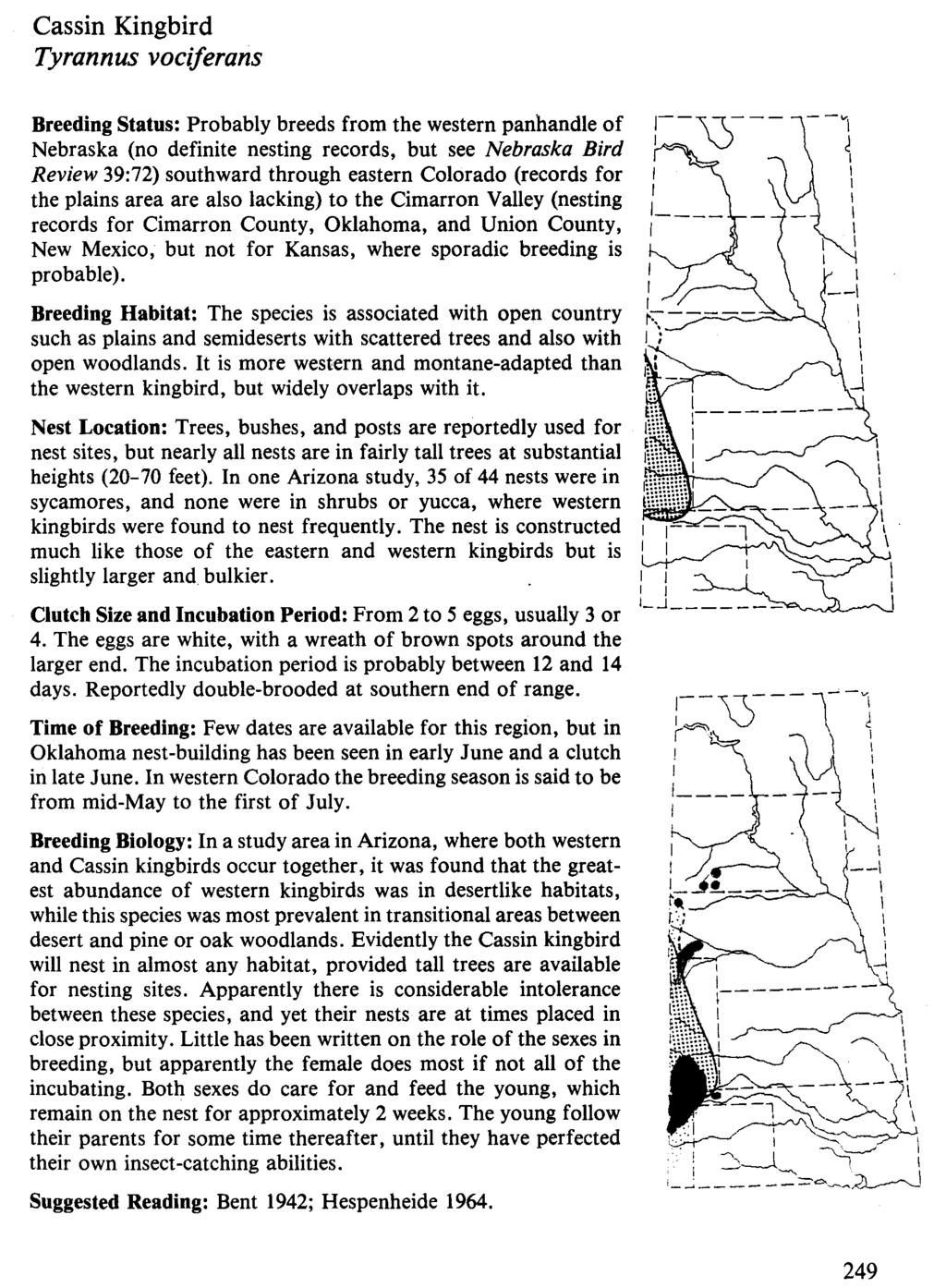 Cassin Kingbird Tyrannus vociferans Breeding Status: Probably breeds from the western panhandle of Nebraska (no definite nesting records, but see Nebraska Bird Review 39:72) southward through eastern