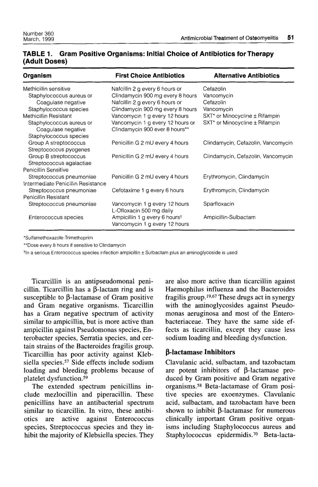 Number 360 March, 1999 Antimicrobial Treatment of Osteomyelitis 51 TABLE 1.