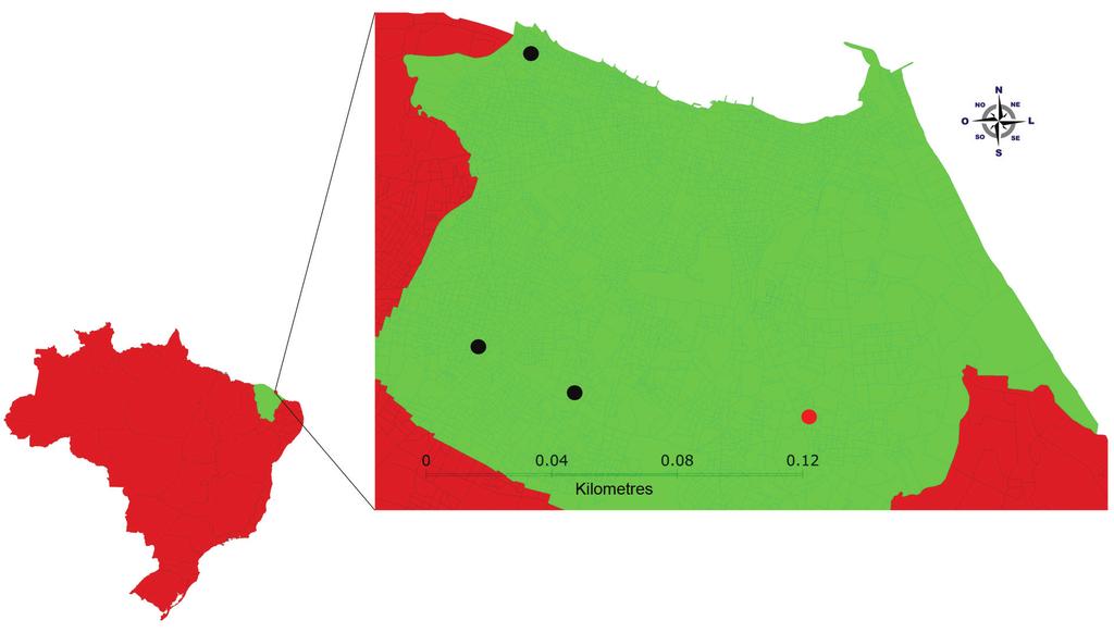 Black dots indicate the control area and red dots indicate the intervention area. capture points (domiciles) with a minimum distance of 200-500 metres between them.