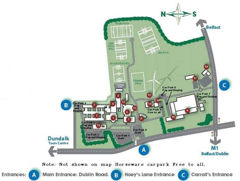 Dundalk IT map T park: Car Park 9: Free car park Fr Registratin & Lectures: