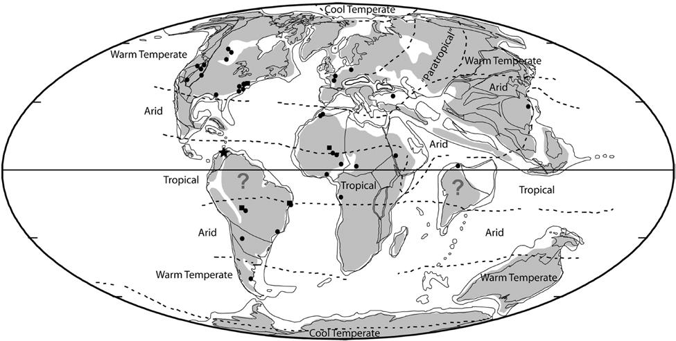 Figure 2-1. World map of locations of known crocodyliform fossil material during the Paleocene.