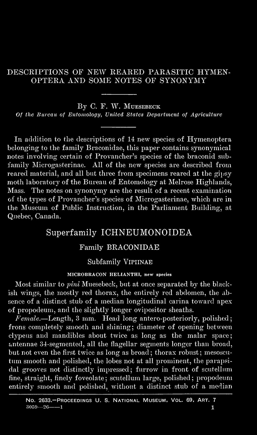 synonymical notes involving certain of Provancher's species of the braconid subfamily INIicrogasterinae.