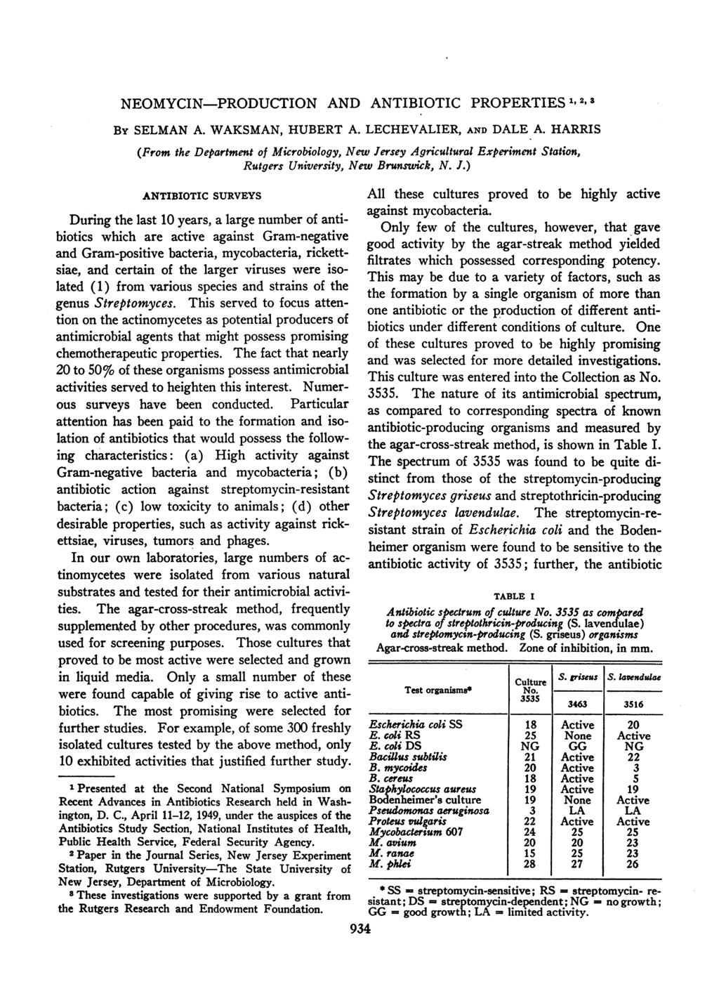 NEOMYCIN-PRODUCTION AND ANTIBIOTIC PROPERTIES 1, 2 3 By SELMAN A. WAKSMAN, HUBERT A. LECHEVALIER, AND DALE A.