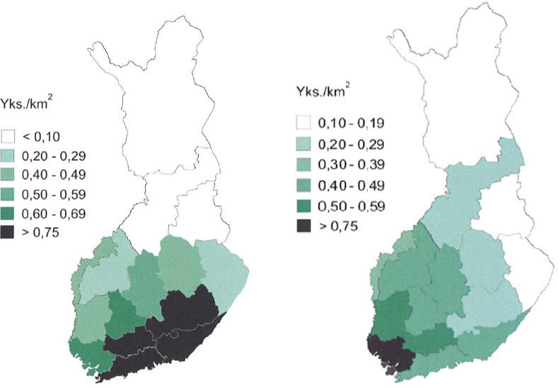 Figure 1: Finland Raccoon dog densities (left) and red fox densities (right) according to Kahuala (2007) (Yks.