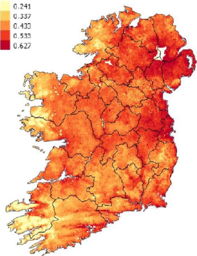 Figure 6: Ireland Probability of presence per 1 km 2 from the final Maxent species distribution model (Phillips et al., 2006) for red fox (Vulpes vulpes). Source: data up to 2015 provided by Dr.