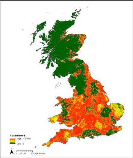 Figure 12: Great Britain Map estimating fox density in the UK. This is a systematic approach using NBN presence data and published density data and provides a confidence interval of 120 280,000 foxes.