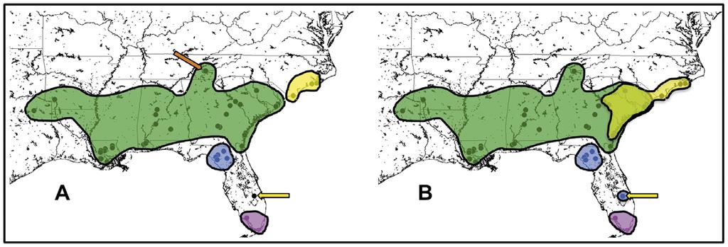 Figure 3. Geographic distribution of genetic populations. Colored shapes indicate the extent and boundaries of each inferred population.