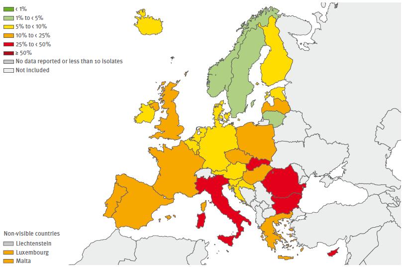 Escherichia coli: percentage of invasive isolates resistant to third-generation cephalosporins; EU/EEA, 2012 Source: EARS-Net, 2013 The symbols and indicate a