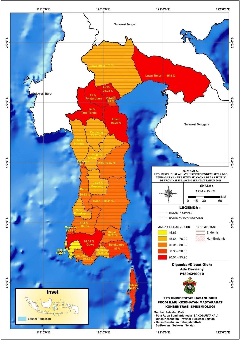 Map of region distribution of dengue endemicity status based on larva-f