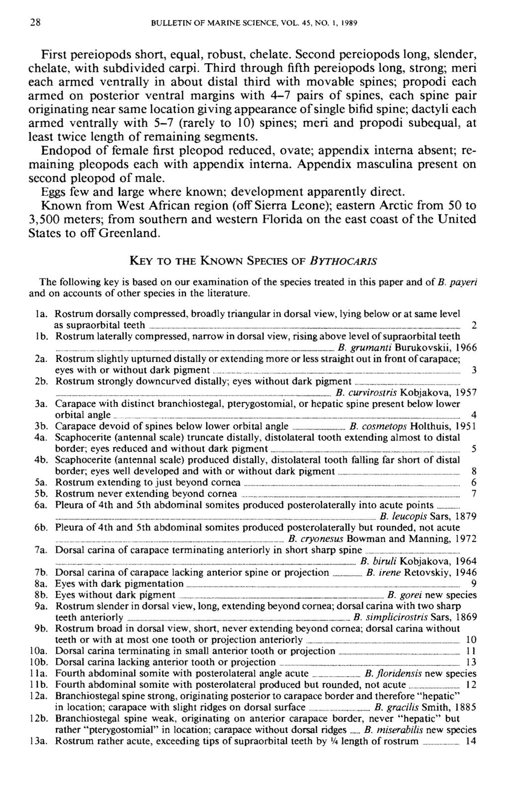 28 BULLETIN OF MARINE SCIENCE, VOL. 45, NO. 1, 1989 First pereiopods short, equal, robust, chelate. Second pereiopods long, slender, chelate, with subdivided carpi.