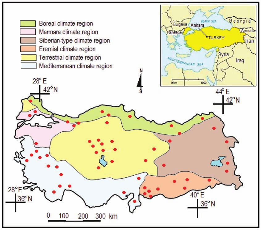 The Ecomorphological Variations of European Hare in Turkey 561 Fig 1. Red dots indicate local samples of one or more individuals and colored areas indicate diverse climate regions across Turkey.