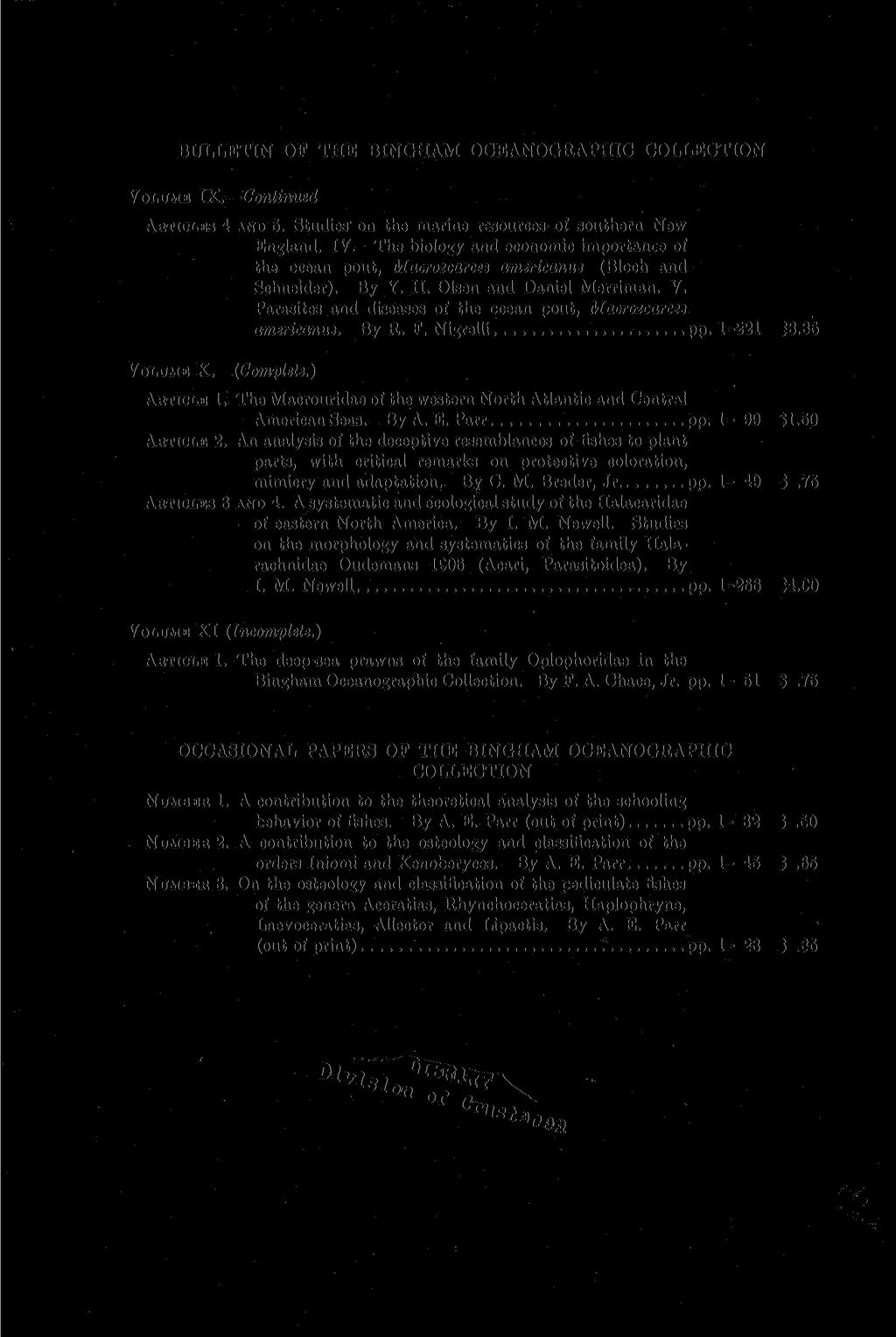 BULLETIN OF THE BINGHAM OCEANOGRAPHIC COLLECTION VOLUME IX. Continued ARTICLES 4 AND 5. Studies on the marine resources of southern New England. IV.