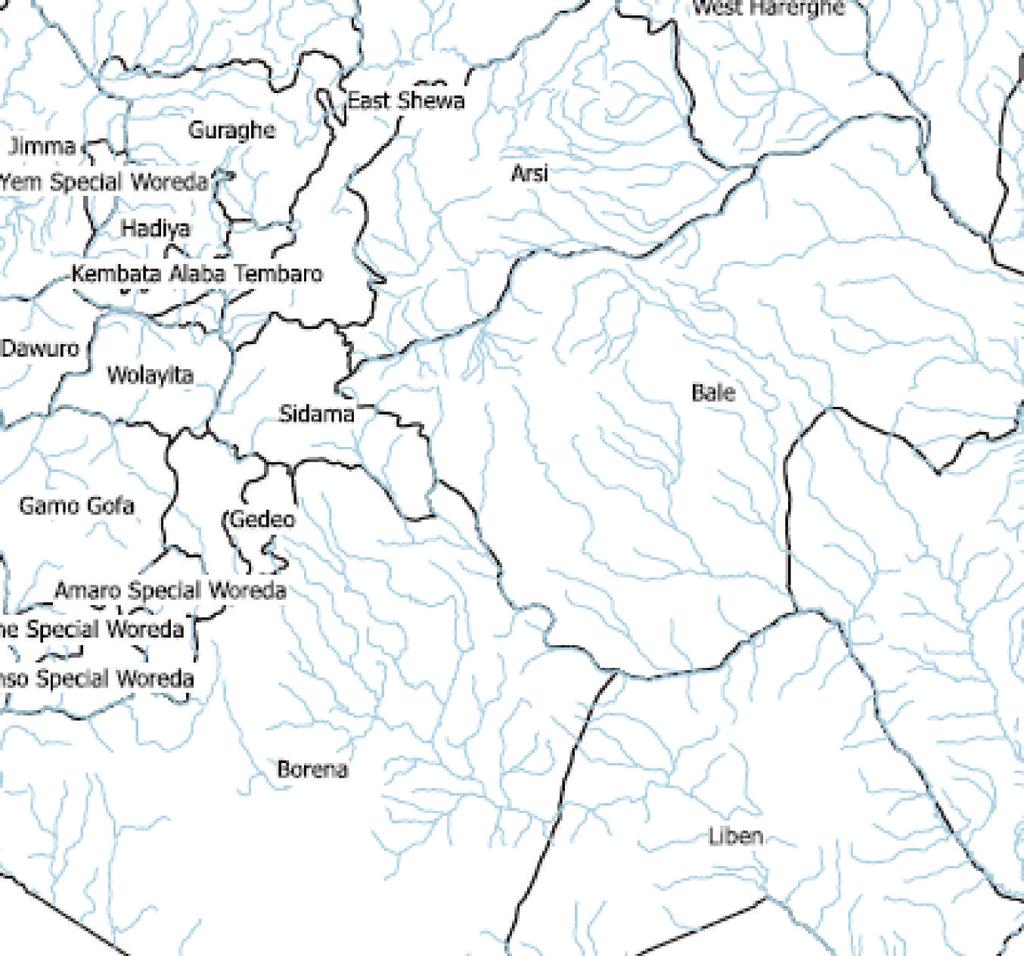 2 Interdisciplinary Perspectives on Infectious Diseases ETH water areas ETH waterlines ETH zonal map Figure 1: Zonal map of Ethiopia with water lines and study areas (Bale, Borena, and W. Arsi zones).