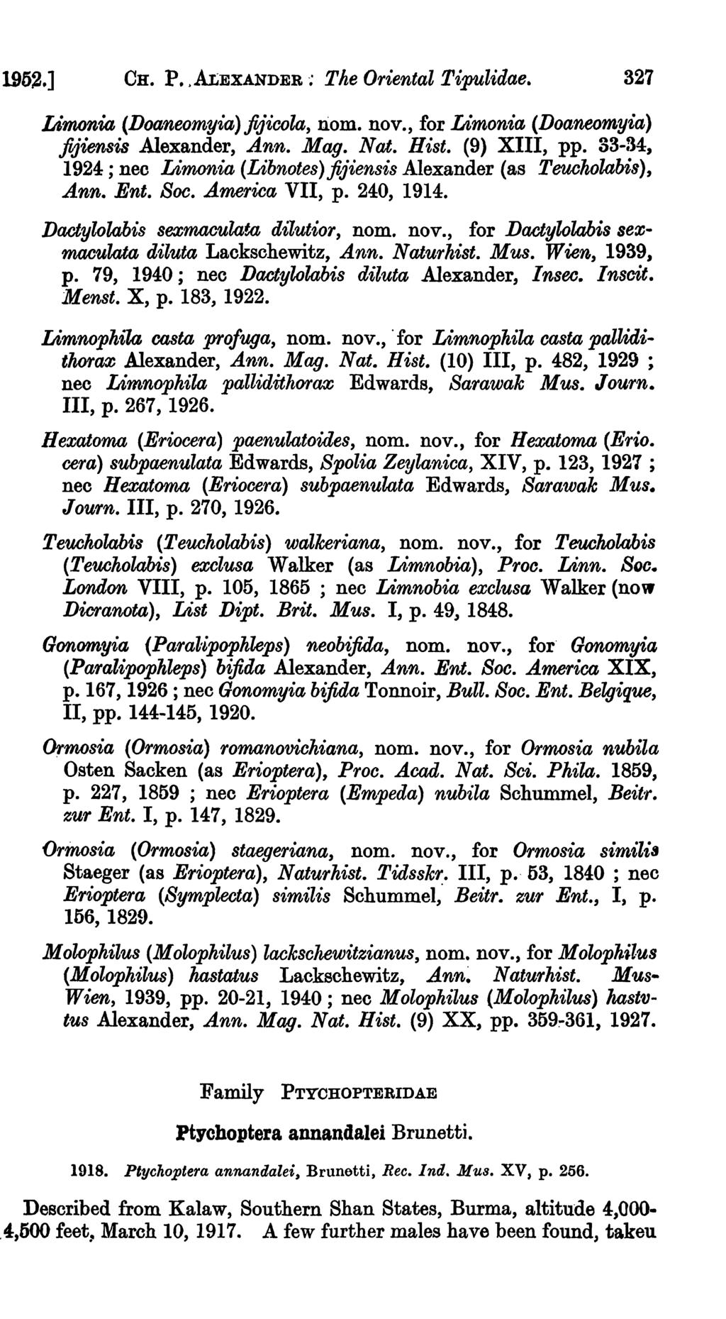 1952.] CR. P.,ALEXANDER; The Oriental Tipulidae. 327 Limonia (Doaneomyia) fiiicola, nom. nov., for Limonia (Doaneomyia) fijiensis Alexander, Ann. Mag. Nat. Hist. (9) XIII, pp.