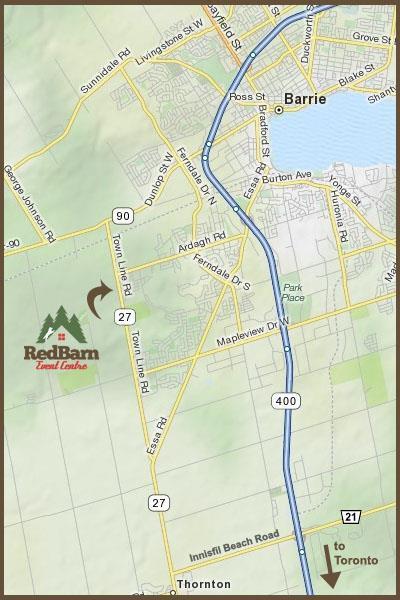 Directions to The Red Barn Event Centre: 8464 County Road 27, Barrie, ON L4M 4S7 Please do not use address in GPS, use these GPS coordinates: lat 44.344860 long - 79.
