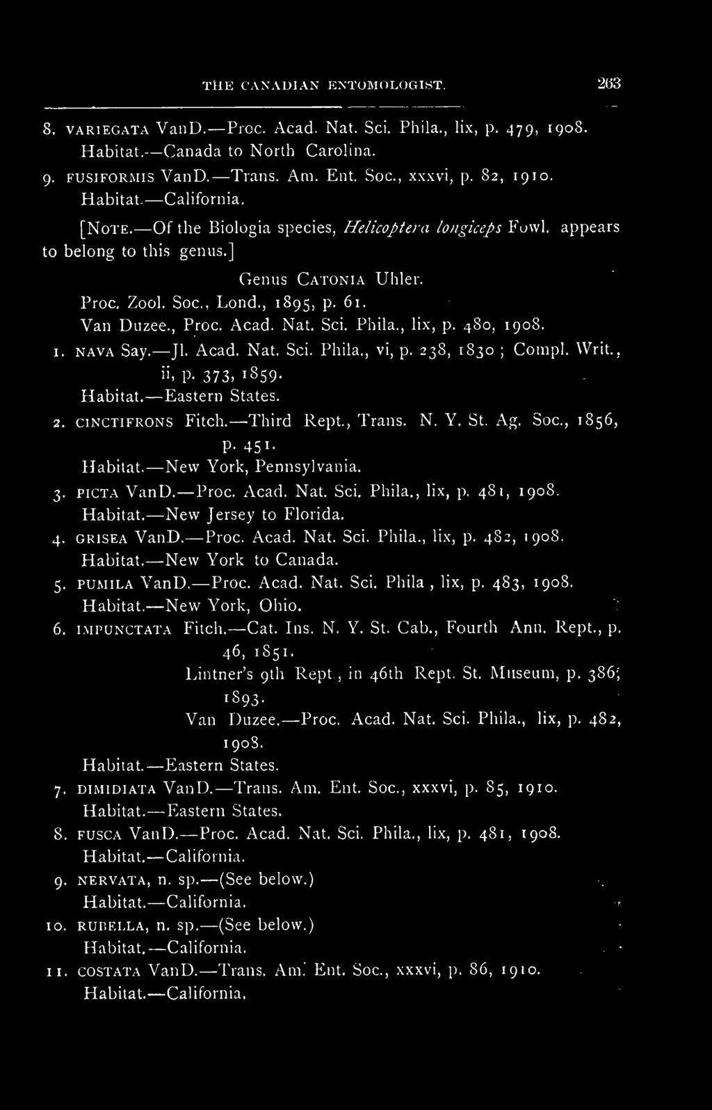 , Proc. Acad. Nat. Sci. Phila., lix, p. 480, 1908. 1. nava Say. Jl. Acad. Nat. Sci. Phila., vi, p. 238, 1830 ; Compl. Writ., ii> P- 373, 1859- Habitat. Eastern States. 2. cinctifrons Fitch.