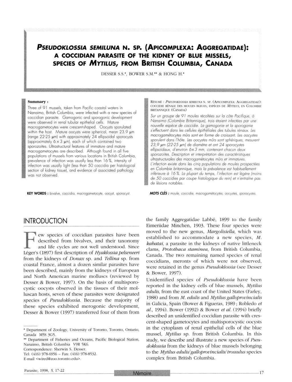 Article available at http://www.parasite-journal.org or http://dx.doi.org/10.1051/parasite/1998051017 PSEUDOKLOSSIA SEMILUNA N. SP.