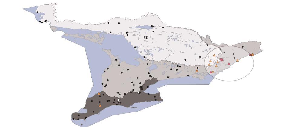 Ontario study: Clow et al Zoonoses & Public Health 216 14 sites visited May- Oct 214 I. scapularis present at 2 sites (triangles) 66 ticks total = 1 tick /person-hour B.