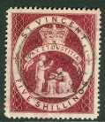 694. No Lot 695. SG 58a St Vincent 1890-93. 1/- red orange. Superb used with an upright Kingstown, St Vincent CDS. 15 696. SG 59 St Vincent 1892. 5d on 4d chocolate. Very fine used CAT 60. 30 697.