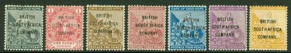 526. SG 58-64 Rhodesia 1896. ½d to 1/-. Fine mounted mint CAT 325. 150 527. SG 61 Rhodesia 1896.
