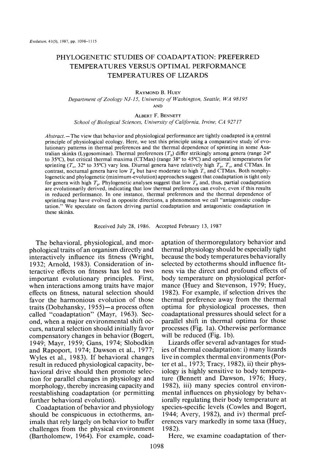Evolution, 41(5), 1987, pp. 1098-1 115 PHYLOGENETIC STUDIES OF COADAPTATION: PREFERRED TEMPERATURES VERSUS OPTIMAL PERFORMANCE TEMPERATURES OF LIZARDS RAYMOND B.