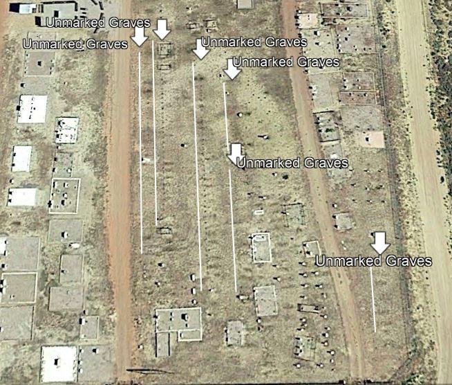 UNMARKED GRAVES IN THE HANNA CEMETERY (GOOGLE MAP LABELED BY BOB LEATHERS) In the year 2000, the Hanna cemetery board removed Mary Ford s crosses and replaced them with Unknown Miner