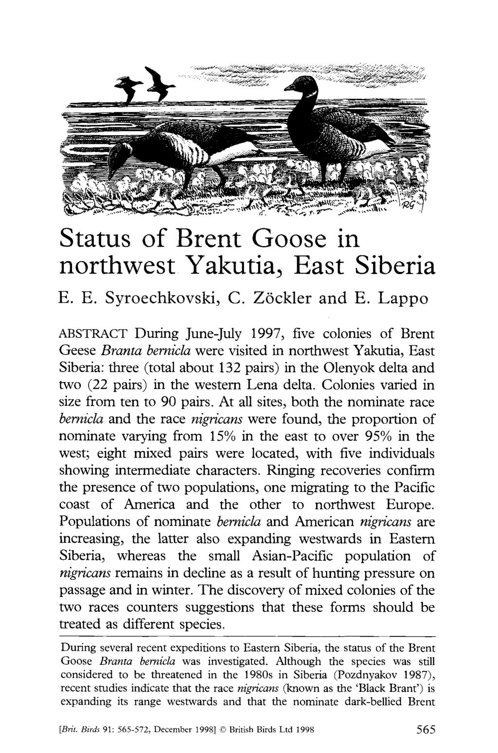 Status of Brent Goose in northwest Yakutia 3 East Siberia E. E. Syroechkovski, C. Zockler and E.
