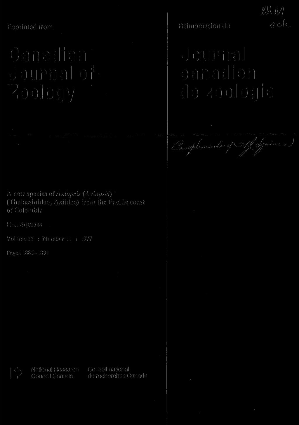 Reprinted from Reimpression du mk/j aou Canadian Journal of Zoology Journal canadien de zoologie r // ^ A new species of Axiopsis (Axiopsis) (Thalassinidae,