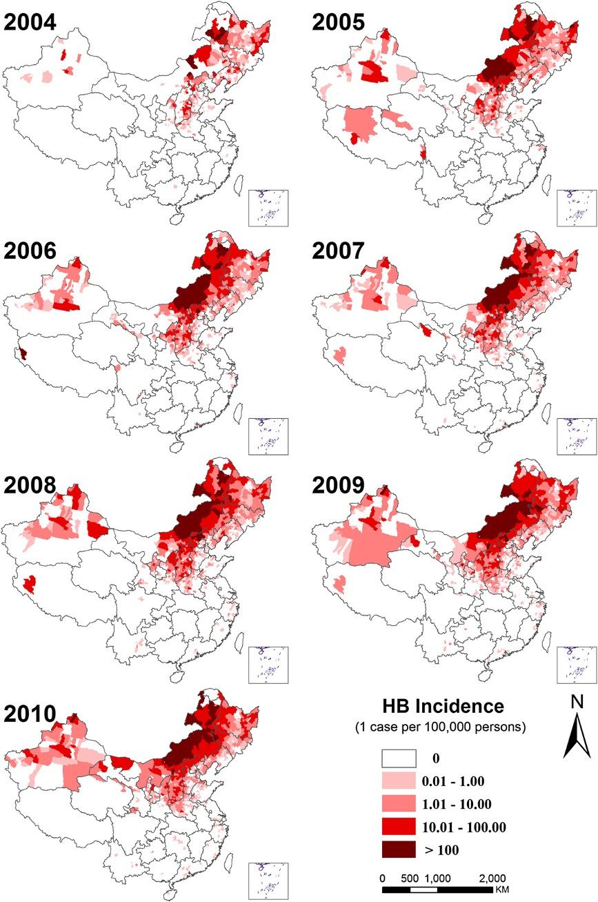 Li et al. BMC Infectious Diseases 2013, 13:547 Page 6 of 12 Figure 4 Spatiotemporal distribution of human brucellosis incidence in mainland China, 2004 2010.