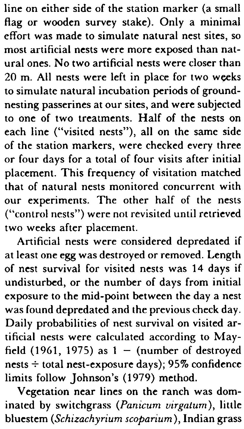June 994 97 TABU - Total number or visited and control nests depredated rrom each or three lines in two land treatments in tallgrass prairie, Oklahoma (see text ror rurther description or land