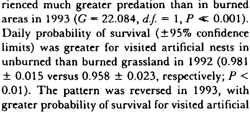 When trampled visited nests were deleted from the 992 experiment, there was still a significant difference in daily survival for artificial nests in unburned and burned grassland (0.98 :t 0.04 and 0.